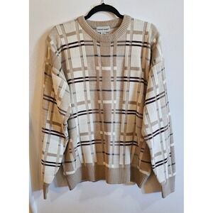 David Taylor Mens Plaid Knit Sweater L G Tan Beige Crew Neck Long Sleeve Acrylic